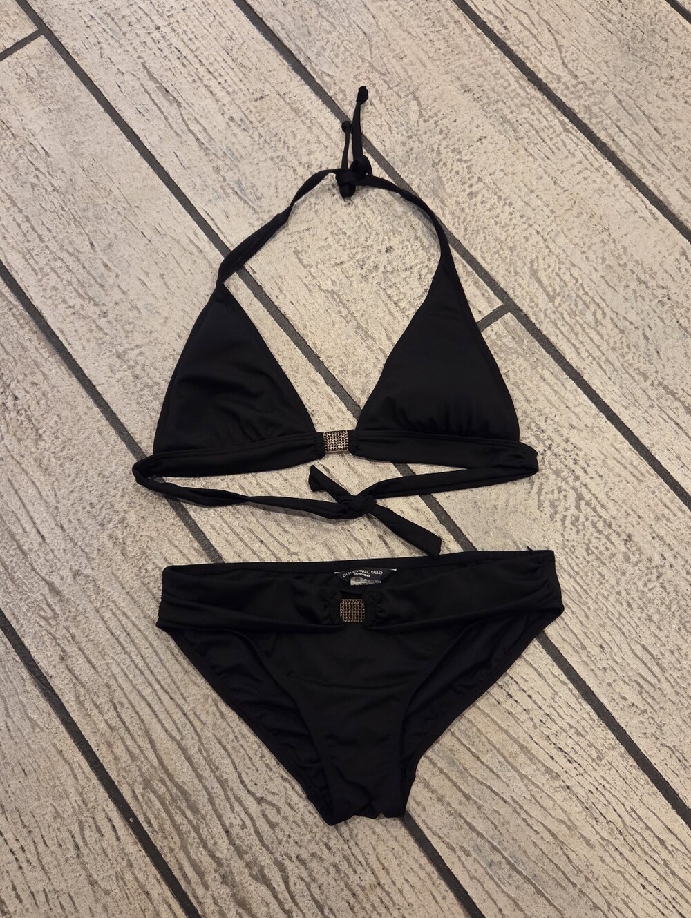 Carmen Marc Valvo Black Rhinestone Halter Bikini Top MEDIUM Bottom LARGE